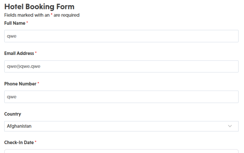 Hotel booking form template showing guest information fields, check-in dates, room selection, and special requests
