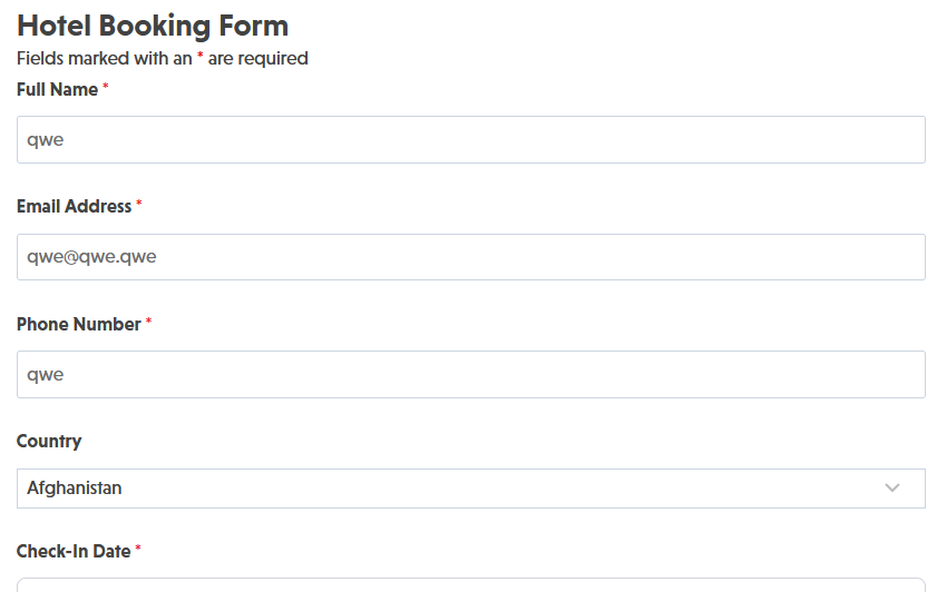 Hotel booking form template showing guest information fields, check-in dates, room selection, and special requests