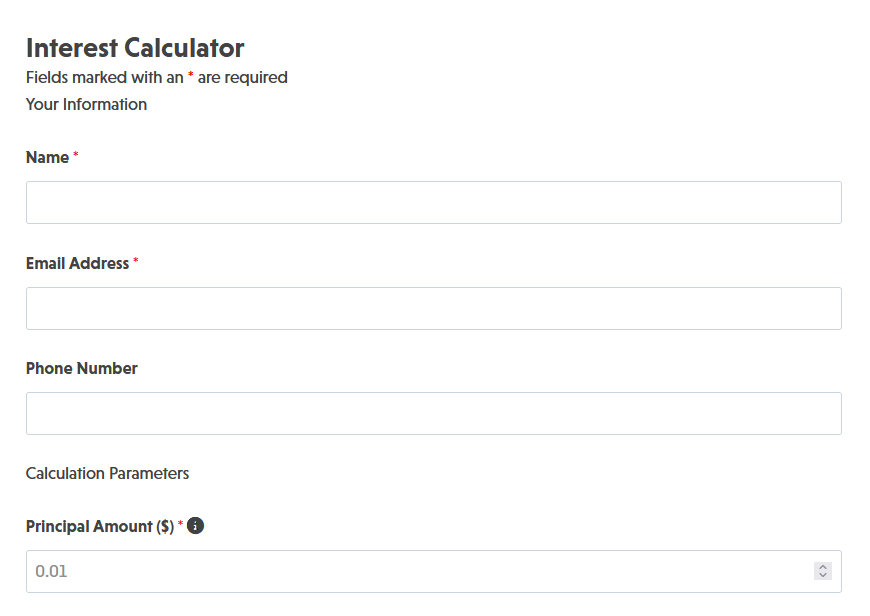 Interest calculator template showing principal amount, interest rate, and time period fields with calculated results