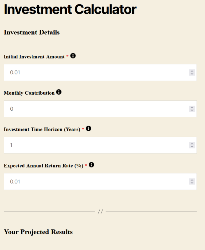 Investment calculator template showing initial investment, monthly contribution, and time horizon fields with growth results
