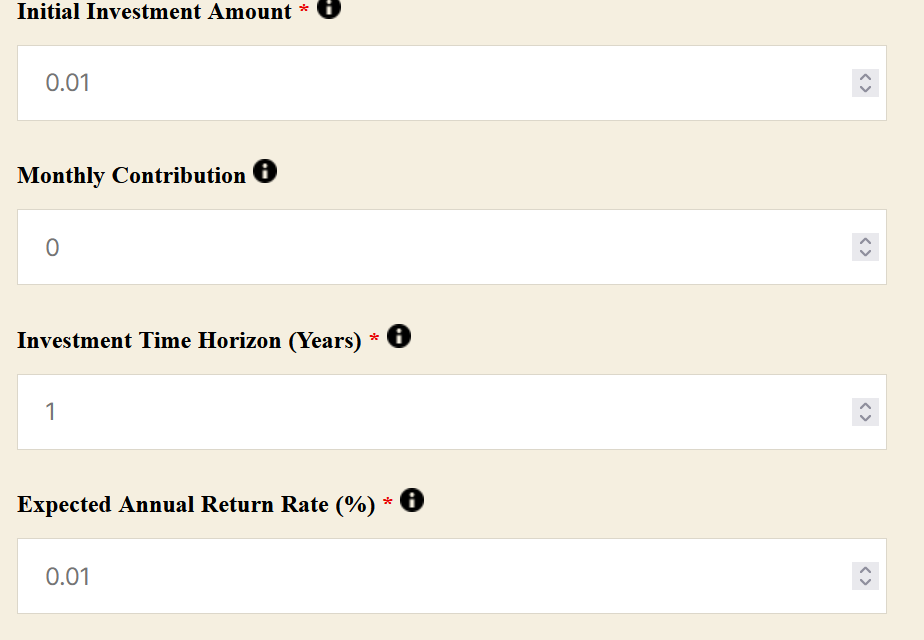 Investment calculator template showing initial investment, monthly contribution, and time horizon fields with growth results