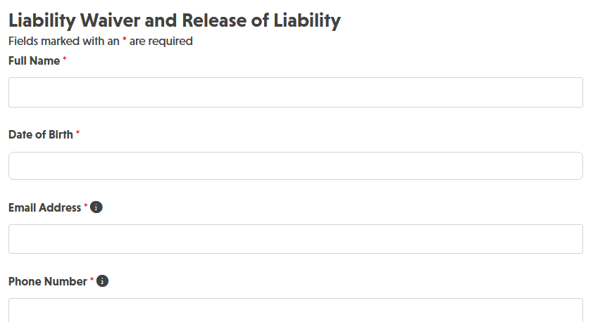 Liability waiver form template showing participant information fields