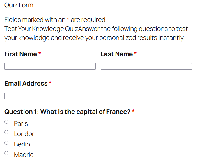 Quiz form template showing multiple choice questions with automatic score calculation and results display
