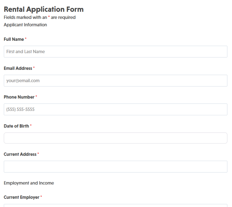 ental application form template showing applicant information fields, employment verification, and rental history sections