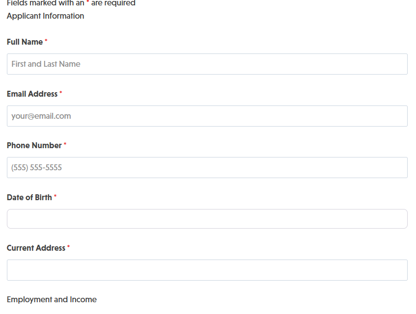 ental application form template showing applicant information fields, employment verification, and rental history sections