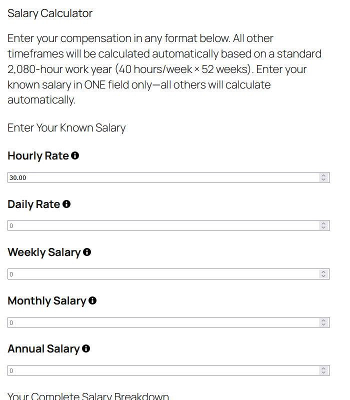Salary calculator template showing hourly, weekly, monthly, and annual salary conversion fields with instant results