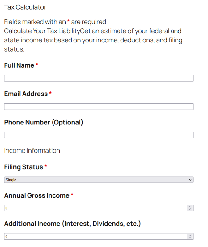 Tax calculator template showing income fields, filing status options, and tax liability calculation results