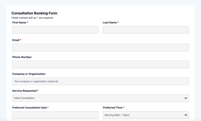 Consultation booking form template showing service selection, preferred date, and contact fields