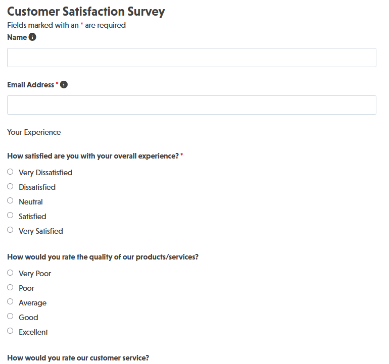 Customer satisfaction survey template showing rating scale fields and feedback questions