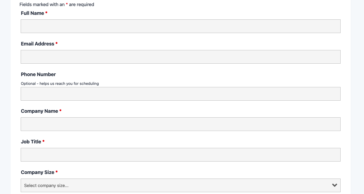 Demo request form template showing contact fields, company information, and product interest selection.