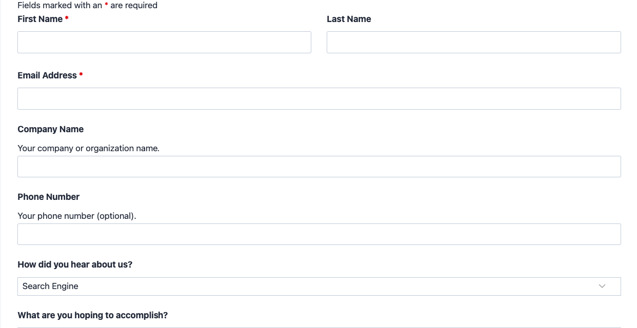 Free trial signup form template showing name, email, and company fields with a Start My Free Trial submit button