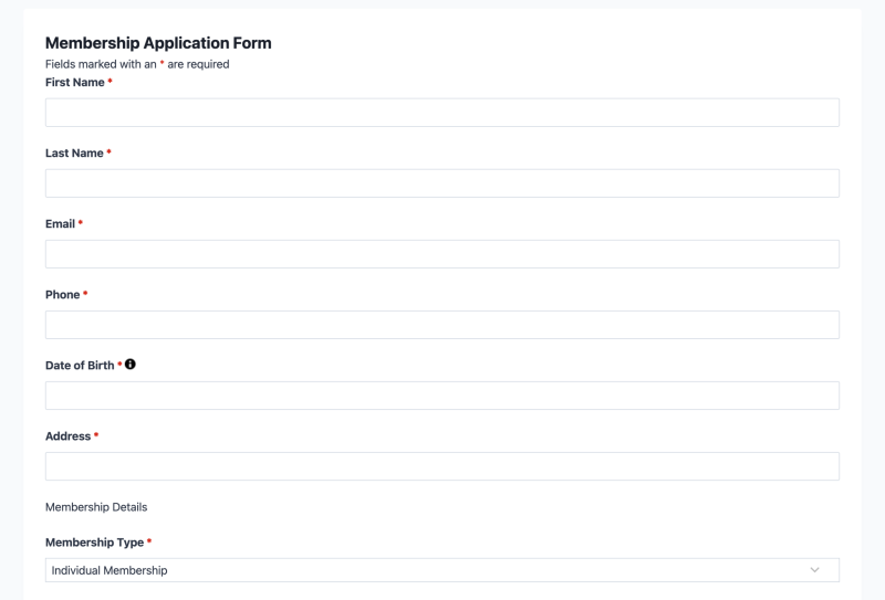 Membership application form template showing personal information fields and membership type selection.