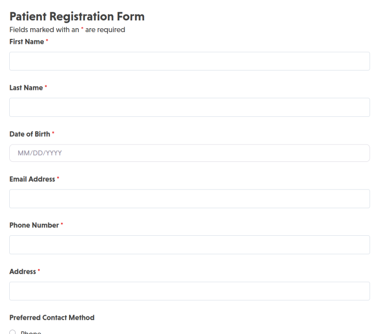 Patient registration form template showing patient information fields, medical history section, and insurance details