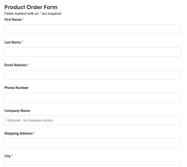 Product order form template showing product selection fields, quantity inputs, and calculated order total display