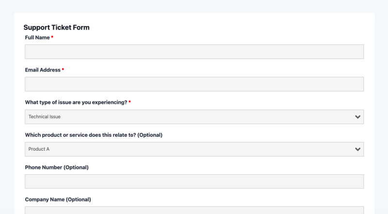 Support ticket form template showing priority level, issue type, and problem description fields for customer support