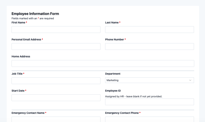 Employee information form template showing personal details, employment fields, and emergency contact sections