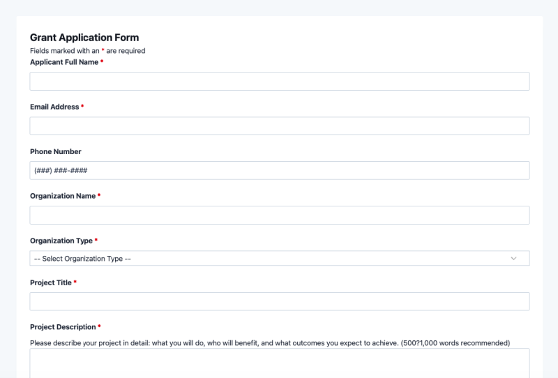 Grant application form template showing organization info fields, project description, and funding request amount