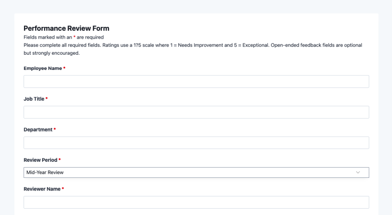 Performance review form template showing employee rating fields and open-ended feedback sections