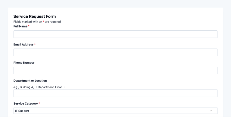Service request form template showing category dropdown, priority level selector, and description field