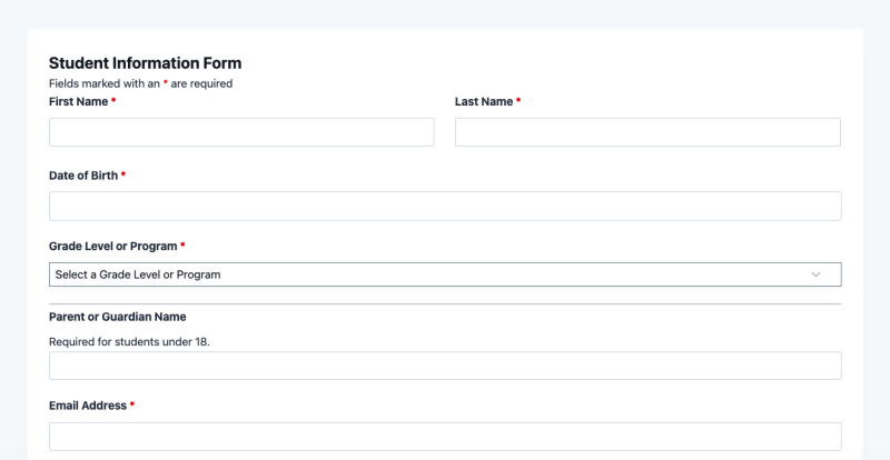 Student information form template showing student name, grade level, and emergency contact fields