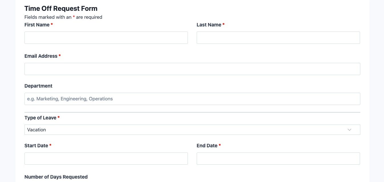 Time off request form template showing employee leave fields and date selection inputs