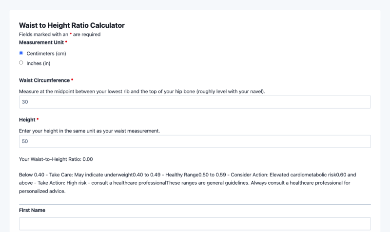 Waist to height ratio calculator template showing measurement input fields and WHtR result display