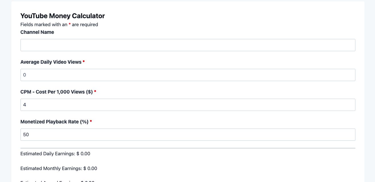 YouTube Money Calculator template showing daily views input and estimated monthly earnings results