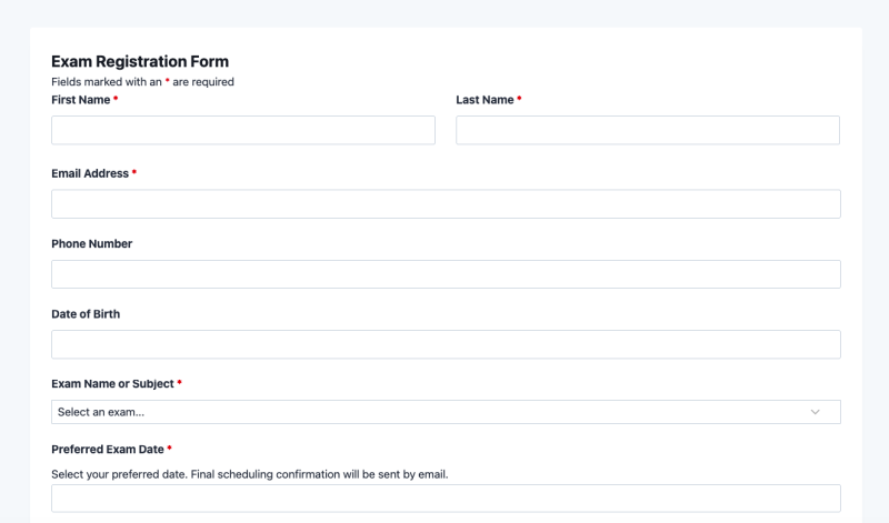 Exam registration form template showing candidate name, exam selection dropdown, and date fields