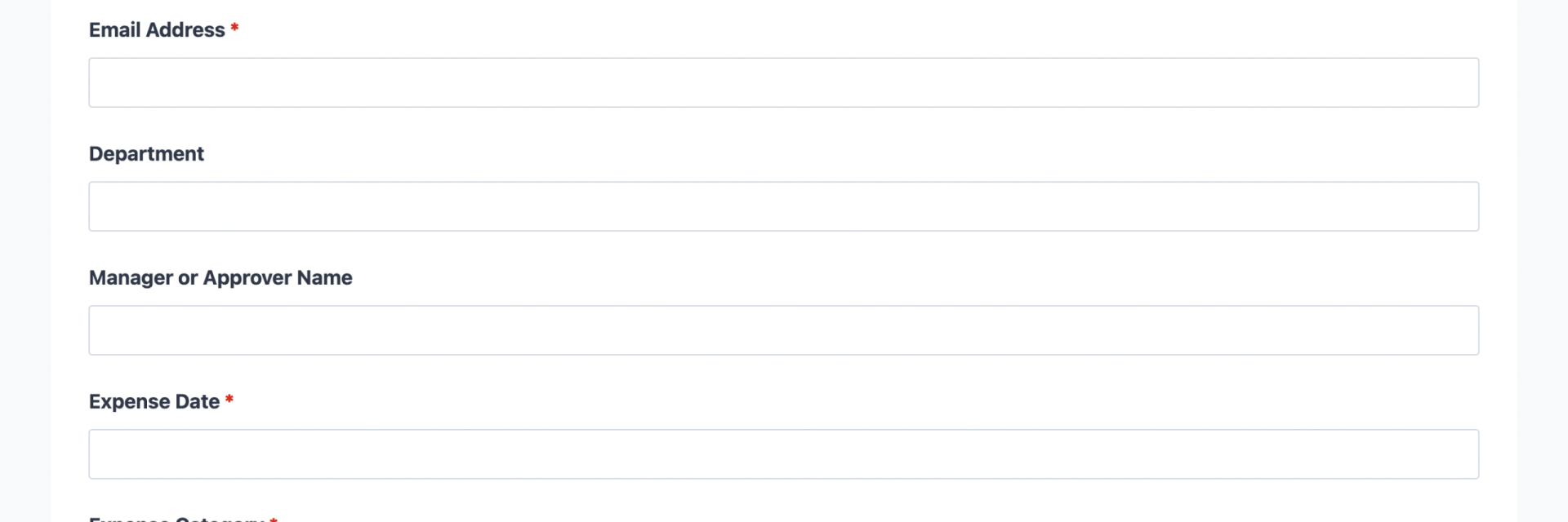 Expense reimbursement form template showing expense category dropdown, amount fields, and auto-calculated total