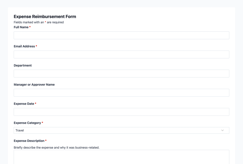 Expense reimbursement form template showing expense category dropdown, amount fields, and auto-calculated total