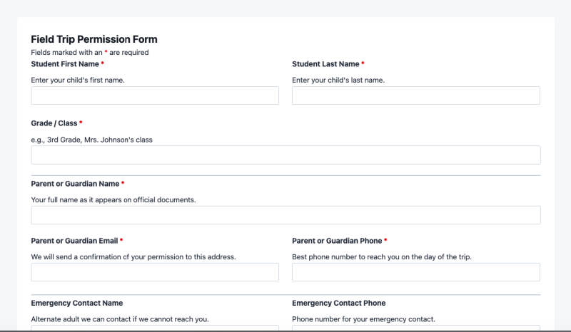 Field trip permission form template showing student info fields, emergency contact inputs, and parental consent checkbox