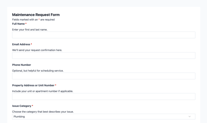 Maintenance request form template showing tenant contact fields, issue category dropdown, and priority level options