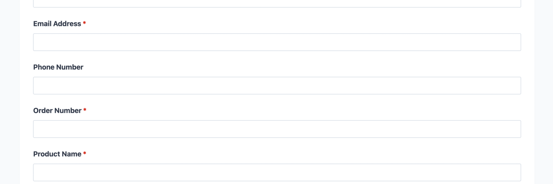 Return request form template showing order number, return reason dropdown, and resolution preference fields