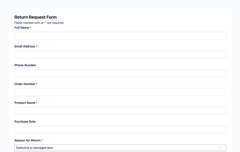 Return request form template showing order number, return reason dropdown, and resolution preference fields