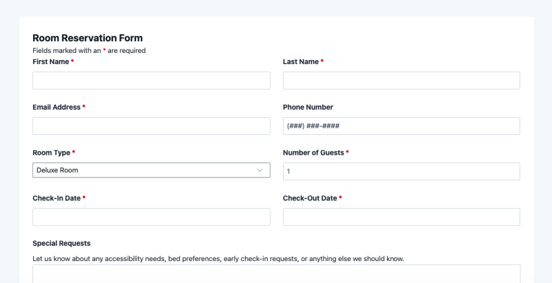 Room reservation form template showing check-in date, check-out date, room type dropdown, and guest details fields