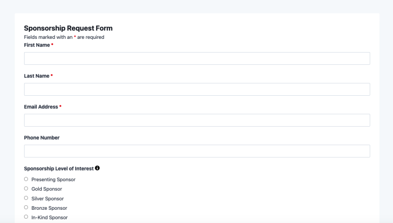 Sponsorship request form template showing organization fields, sponsorship tier selection, and contact details