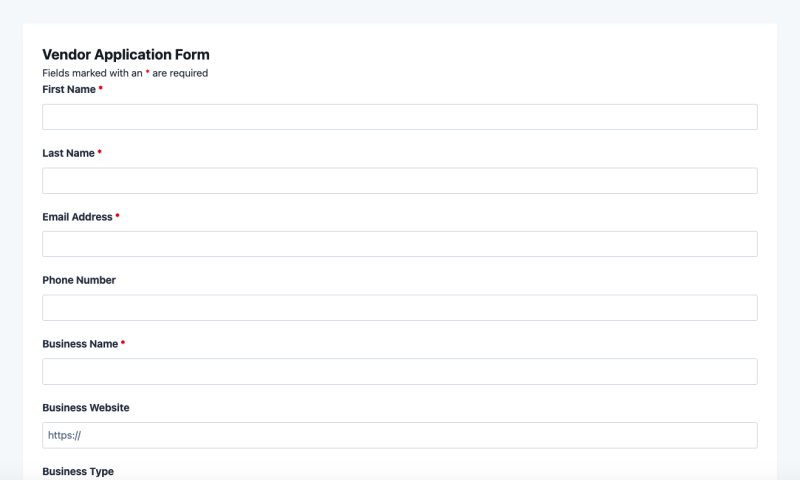 Vendor application form template showing business name, product category, and contact fields